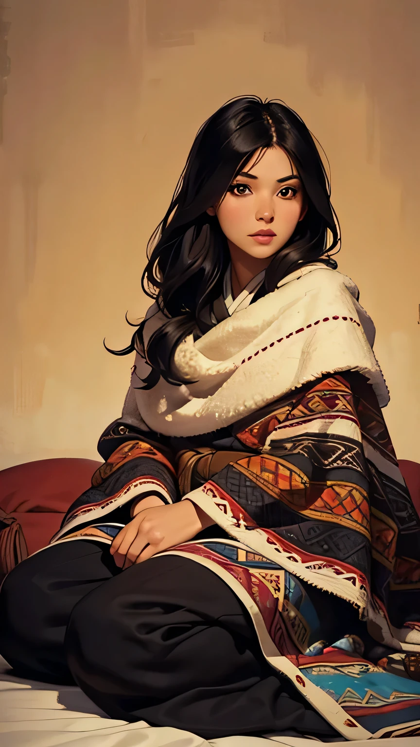 1girl, photo \(medium\), solo, black hair, photorealistic, asian, lips, long hair, dark brown eyes, cozy, snuggly, blanket, southwestern design, looking at viewer, sitting