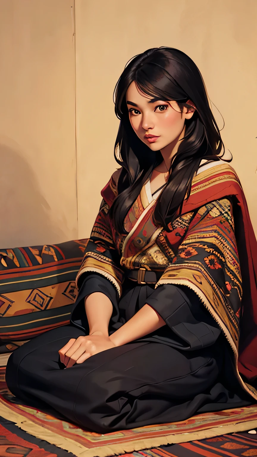 1girl, photo \(medium\), solo, black hair, photorealistic, asian, lips, long hair, dark brown eyes, cozy, snuggly, blanket, southwestern design, looking at viewer, sitting