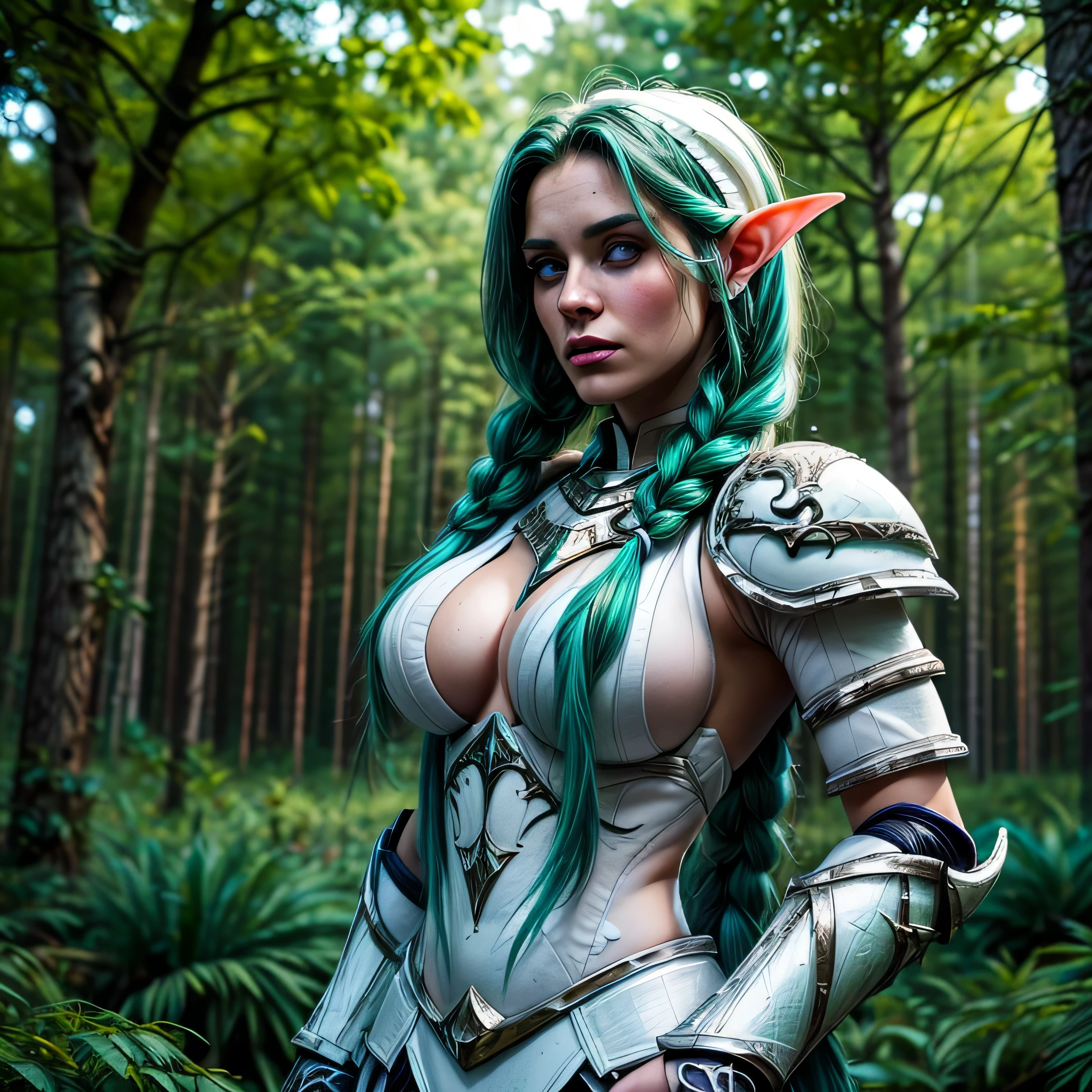 (masterpiece, photorealistic:1.4, extremely intricate:1.3), (photon mapping, radiosity, physically based rendering, ultra resolution, hyper-realistic, 8K), ((beautiful tyrande stand up twin braids, green eyes, ((((white armor)), [medium breasts:large breasts:0.3], [skin detail:freckles:0.9])), pauldrons, forest, upper torso)), background outdoor, flowers, glowing butterflies, bokeh, sunset, [aqua hair:blonde hair:0.8]