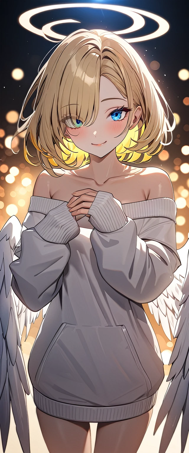 ((angel, big big white wings:1.3, halo:1.3)), (((cowboy shot))), ((flying)), archangel Uriel, ((wavy hair, outward curled hair)), evening, Sunset, ((blond hair, bob cut:1.3)), breasts, teenager, (looking at viewer), oversized clothes, puffy long sleeves, collarbone, ((off-shoulder sweater dress:1.3, Quite thick shoulder straps)), (((sleeves past wrists:1.3))), ((white sweater)), collarbone, head tilt:1.3, (((blue eyes))), ((happy smile)), (((anime style))), (best quality, 4K, 8K, highres, masterpiece:1.2, ultra-detailed, ultra-detailed eyes, HDR, uhd, studio lighting, ultra-fine painting, sharp focus, physically-based rendering, extreme detail description, professional, vivid colors, bokeh), ((Highest quality, Best image quality, Ultra-high resolution, Ultra-high resolution, solo, Strong eye highlights)), Depth of written boundary, Natural soft light, attractive, Beautiful Face, Cleanliness, Pure Face, medium chest, Beautiful Face, Perfect Fingers, Perfect hands, Perfect body, Perfect Face, Shine a light into your eyes, Perfect Anatomy
