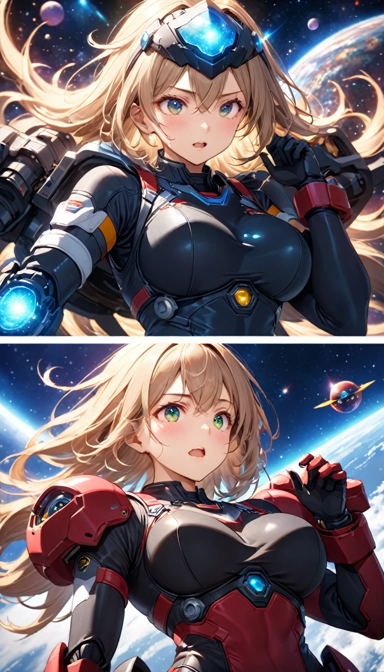 Highest quality, Highest quality, 16K, Unbelievably absurd, Very detailed, 2.5D, delicate and dynamic, universe, ロボットwar, war, , Vivid Earth, Tiny faint lights and colorful meteors, space ships, universeステーション, Very delicate facial expressions, Delicate eye depiction, Upper body close-up,, erotic, dynamic sexy poses, One sexy woman, Healthy body shape, 22-year-old woman, Fighter pilot, Height: 170cm, big firm bouncing busts, Full Face Helmet, A robot suit with a complex structure, Robot Suzu with complex colors, Tight robot suit, , Movie battle scenes, Ready your gun?