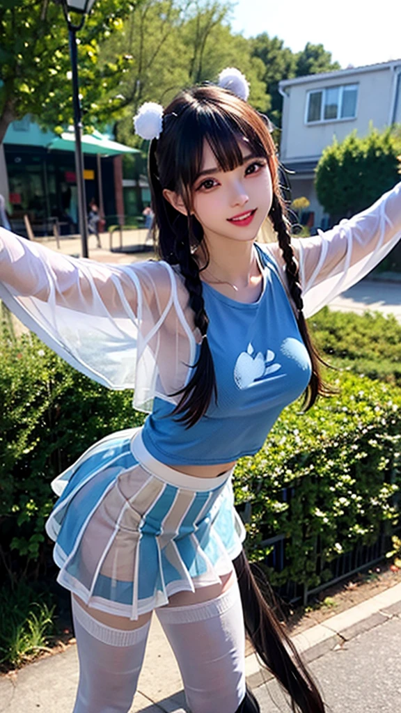 See-through open-chested cheerleader costume 1:4、Transparent nipples 1:4、Leaning forward、Sheer skirt 1:4、pantyhose、1. Highlighting erect nipples:4、forest、Blue braids