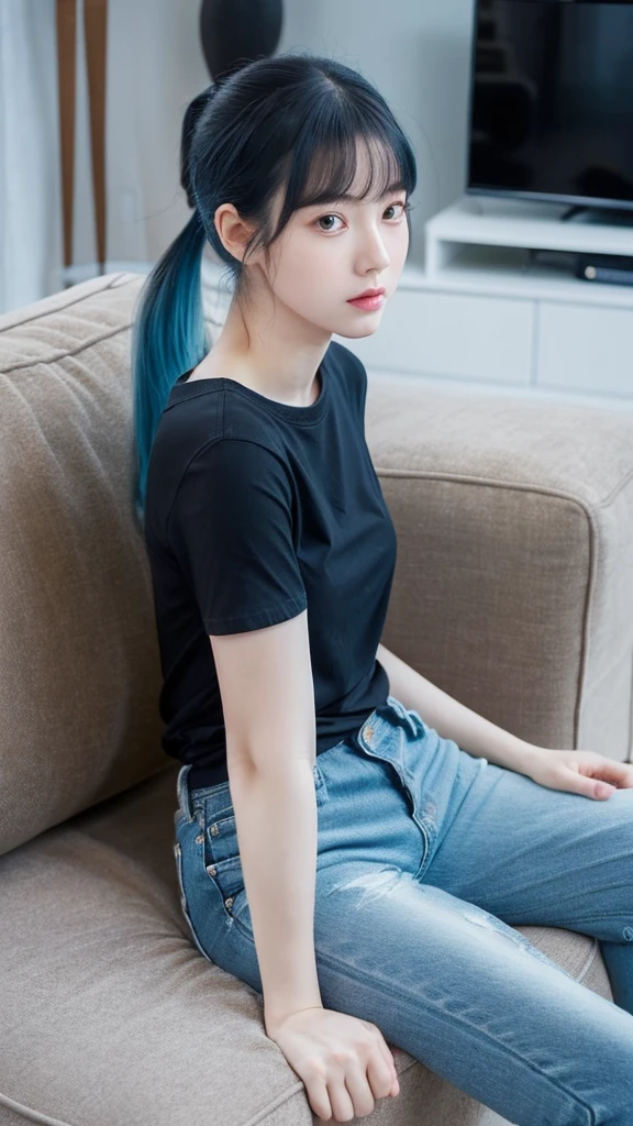 A young Korean woman with ponytail light blue hair, pale skin, thin body. She is wearing a black casual shirt and casual short jeans. She is looking at the viewer, and her easy expression is sensual. Full body. The setting is a living room at morning and she is chilling on the sofa. Masterpiece, high quality.