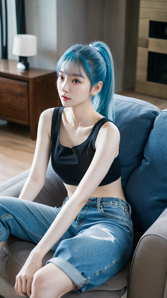 A young Korean woman with ponytail light blue hair, pale skin, thin body. She is wearing a black casual shirt and casual short jeans. She is looking at the viewer, and her easy expression is sensual. Full body. The setting is a living room at morning and she is chilling on the sofa. Masterpiece, high quality.