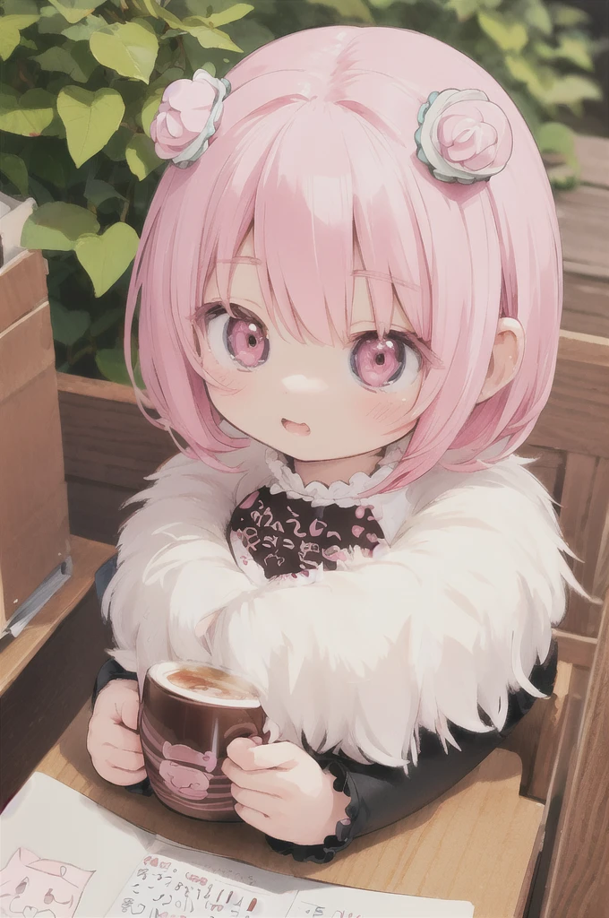 anime girl with pink hair holding a cup of coffee, cute kawaii girl, soft anime illustration, kawaii chibi, kawaii anime manga style, cute anime face, , kawaii, is ((drinking a cup of tea)), kawaii manga style, cute anime catgirl, kawaii realistic portrait, extremely cute anime girl face, cute:2, small girl, kawaii aesthetic