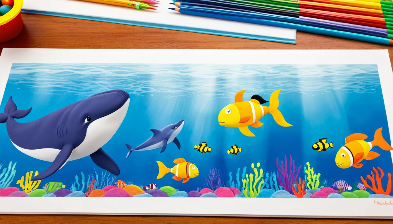 Create a 3-D Pixar style art scene for kids featuring a blue whale swimming beside three school buses for size comparison. The scene should be colorful and vibrant, with an ocean background, coral reefs, and schools of fish. The overall mood should be engaging and inviting for young children.