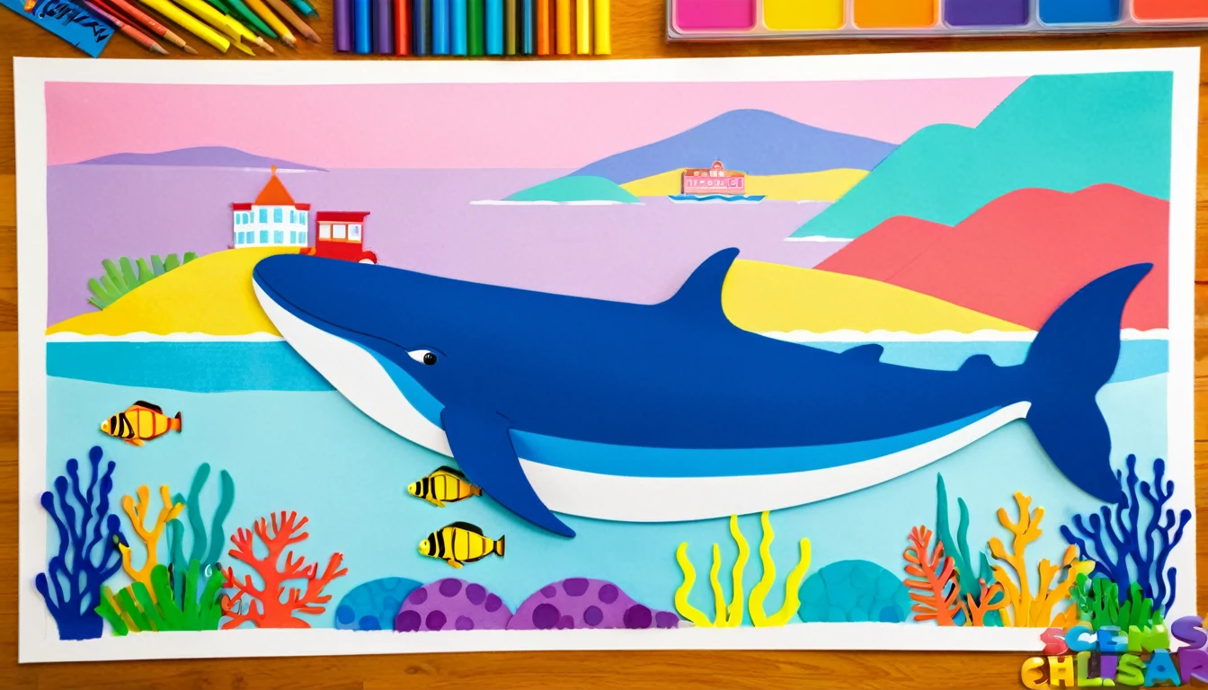 Create a 3-D Pixar style art scene for kids featuring a blue whale swimming beside three school buses for size comparison. The scene should be colorful and vibrant, with an ocean background, coral reefs, and schools of fish. The overall mood should be engaging and inviting for young children.