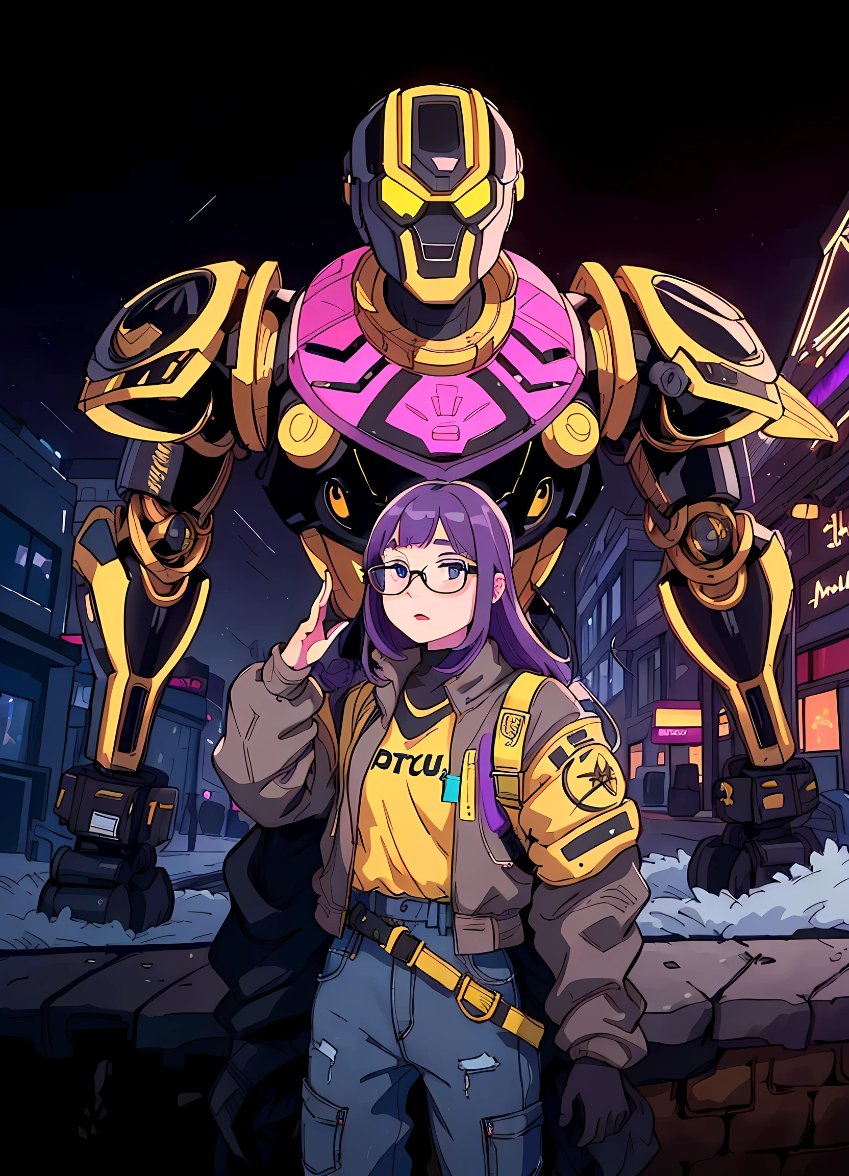 In the image, there is a young girl standing next to a large robot. The girl has purple hair and is wearing glasses. She is dressed in a yellow jacket and blue jeans. The robot is predominantly black with gold accents and stands behind her. It appears to be quite large compared to the girl, suggesting it might be a mech or a suit of armor. They are both positioned on what looks like a city street at night, as indicated by the dark background and illuminated streetlights. The overall scene gives off a futuristic vibe, possibly from a science fiction setting.