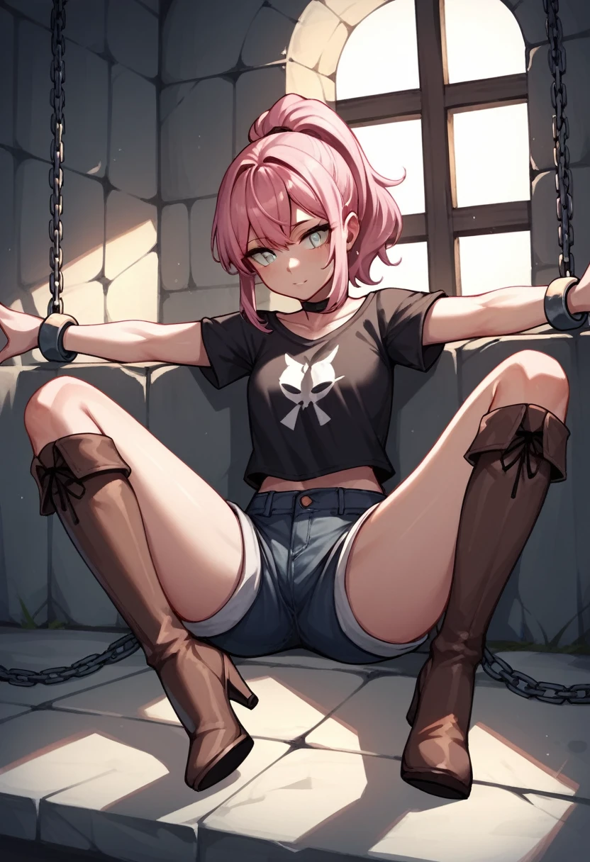 score_9, score_8_up, score_7_up, score_6_up, score_5_up, score_4_up, source_anime, 1girl,sit,pink hair,ponytail,white eyes, w-w-chain, spread arms, clean hair, black shirt,shorts,thigh boots, brown boots,heels,dungeon, best quality, best res, 4K UHD,
 