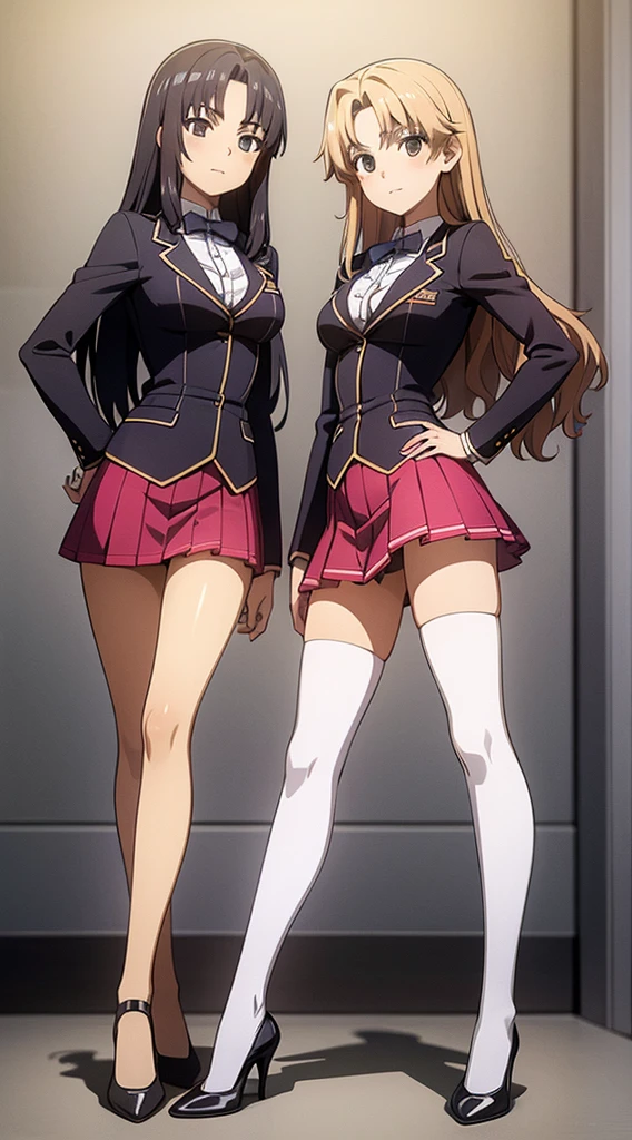 A masterfully detailed painting of two identical twin girls with curly brown hair, hazel eyes, and medium-sized busts, wearing sexy school uniforms consisting of a blazer, lace sections, ribbons, rainbow short skirts, white thigh-high socks, and black high heels, posing seductively with matching outfits and bright, flat colors, showcasing their full bodies in a duo pose.