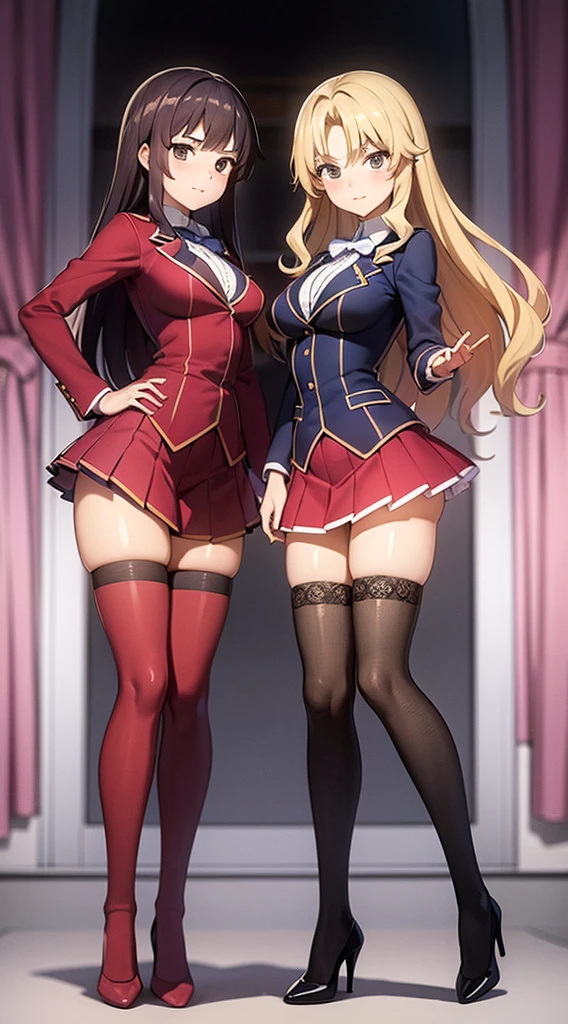 A masterfully detailed painting of two identical twin girls with curly brown hair, hazel eyes, and medium-sized busts, wearing sexy school uniforms consisting of a blazer, lace sections, ribbons, rainbow short skirts, white thigh-high socks, and black high heels, posing seductively with matching outfits and bright, flat colors, showcasing their full bodies in a duo pose.