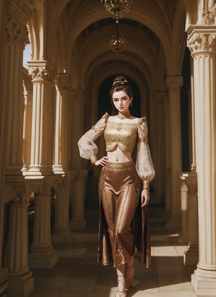 fulllength, 1 girl, perfect body, perfect face, fantasy noblewoman, brown hair tied in a bun, hazel eyes, wearing elegant clothing, standing in a palace, midriff, kind welcoming face