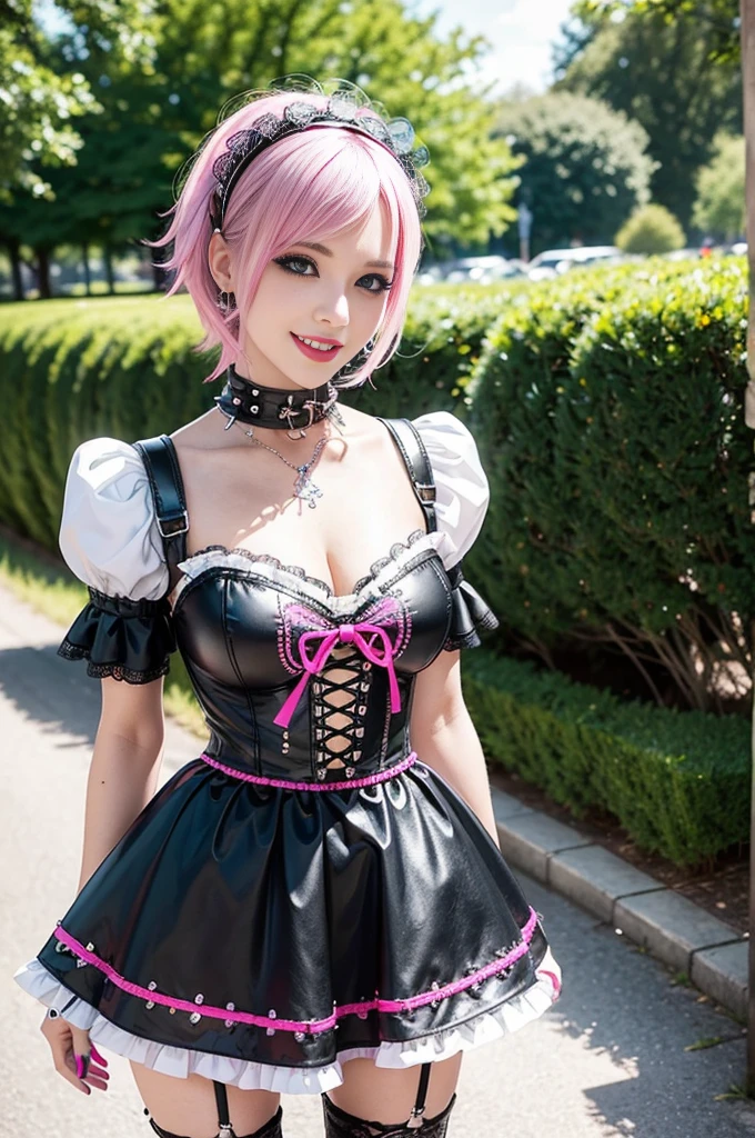 sexy stylish Swedish model, only 1 female, ((doll-like appearance)), short neon pink stylish hair, ((shiny Punk-Style boots)), (smiling face), ultra detailed eyes, Punk makeup, lipgloss, ((sexy Punk ta cosplay)), unconventional skirt, petticoats, high neckline, ((ultra detailed lace)), ((ultra detailed embroidery)), intricate details, tartan patterns, safety pins, Punk Loliccessoires, Punk Lolita cr, ((large sparkling Punk Lolita jewel, cinematic light, detailed large park background with trees
