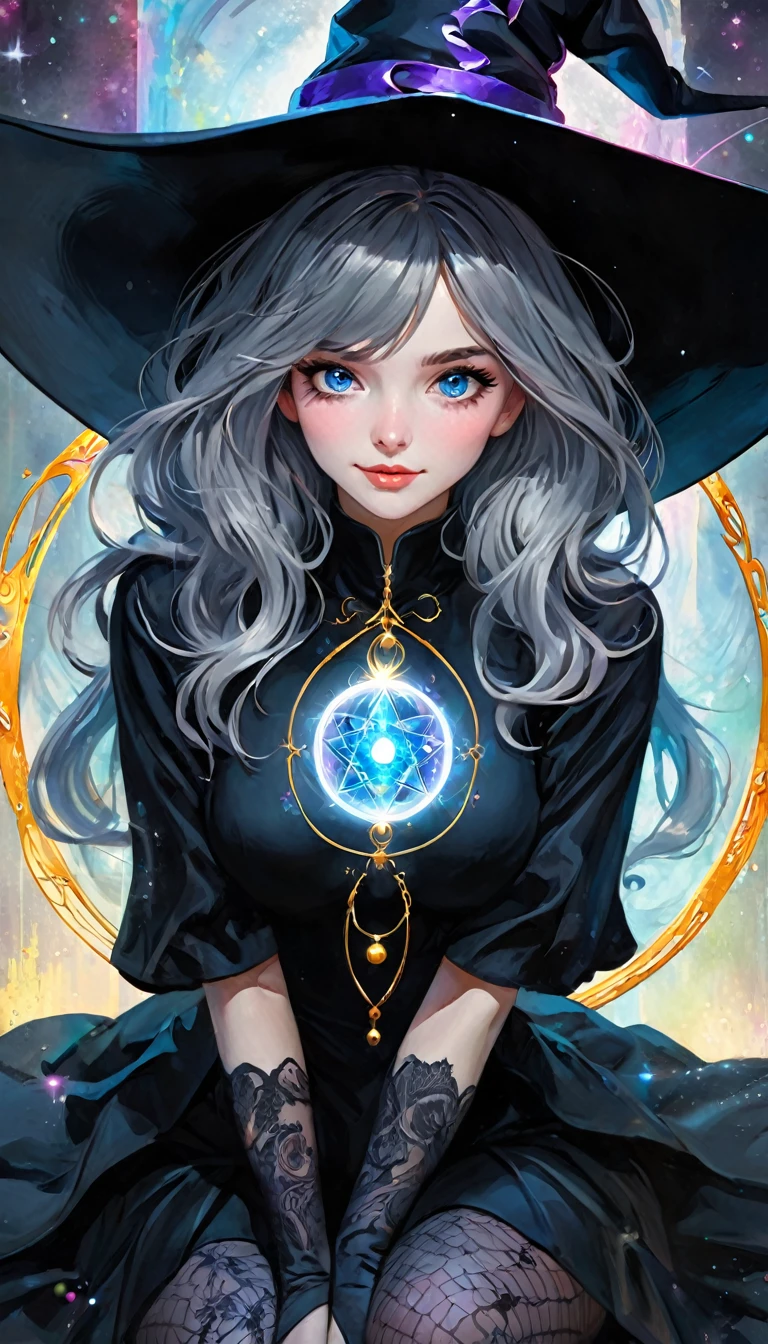 ((🧙♀️)), (black hat), {{{{masterpiece}}}, {{{}}}, {{{high resolution}}}, {{excellent anatomy}}, (((best quality))), (((very delicate and beautiful)), {{ and delicate}}, {{illustration}}, happy magic, magic effect, sexy, magic circle, gradient, cute witch, blue eyes, grey hair, long hair, highly detailed (art inspired by Bill Sienkiewicz). oil painting)