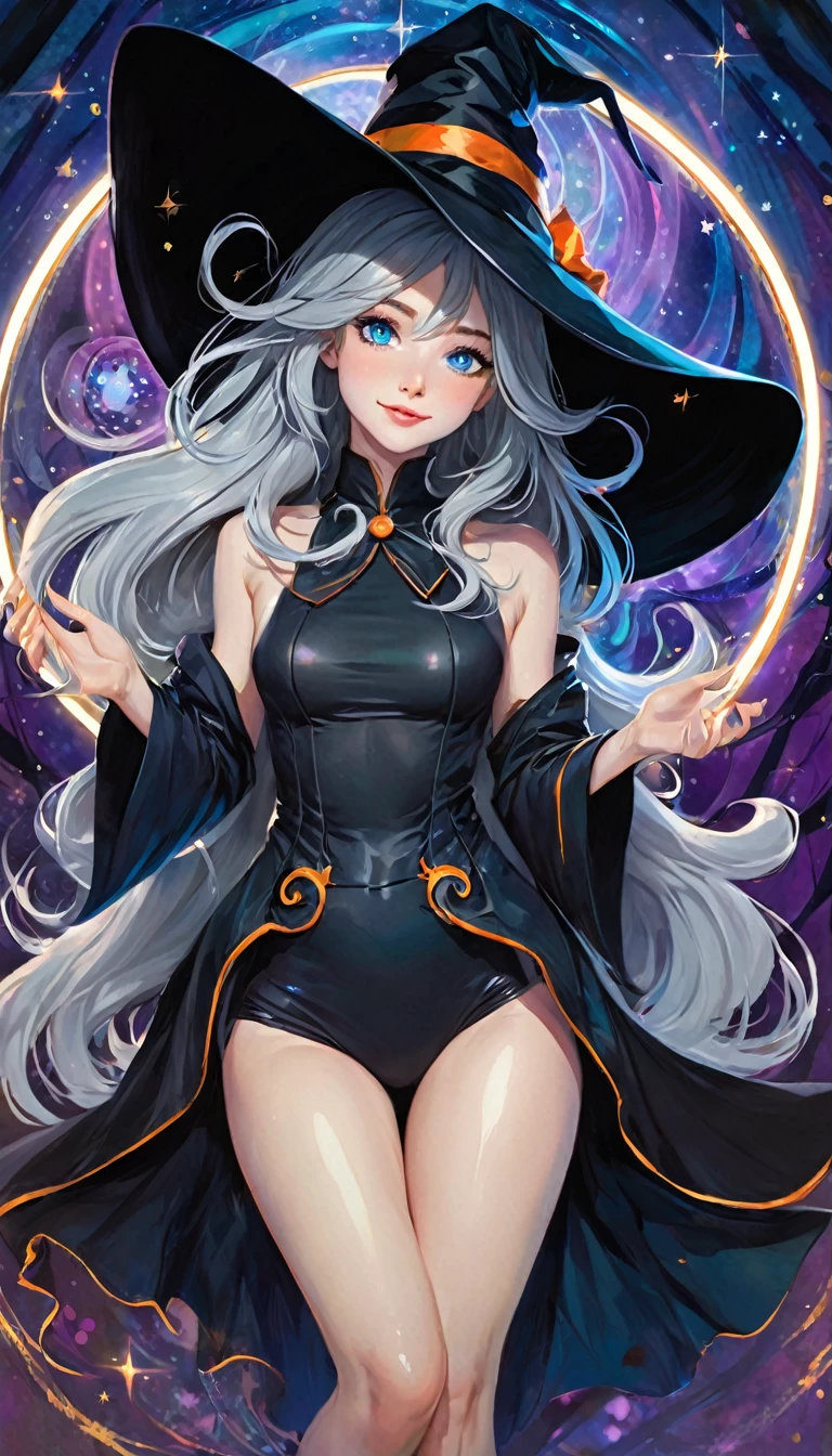 ((🧙♀️)), (black hat), {{{{masterpiece}}}, {{{}}}, {{{high resolution}}}, {{excellent anatomy}}, (((best quality))), (((very delicate and beautiful)), {{ and delicate}}, {{illustration}}, happy magic, magic effect, sexy, magic circle, gradient, cute witch, blue eyes, grey hair, long hair, highly detailed (art inspired by Bill Sienkiewicz). oil painting)