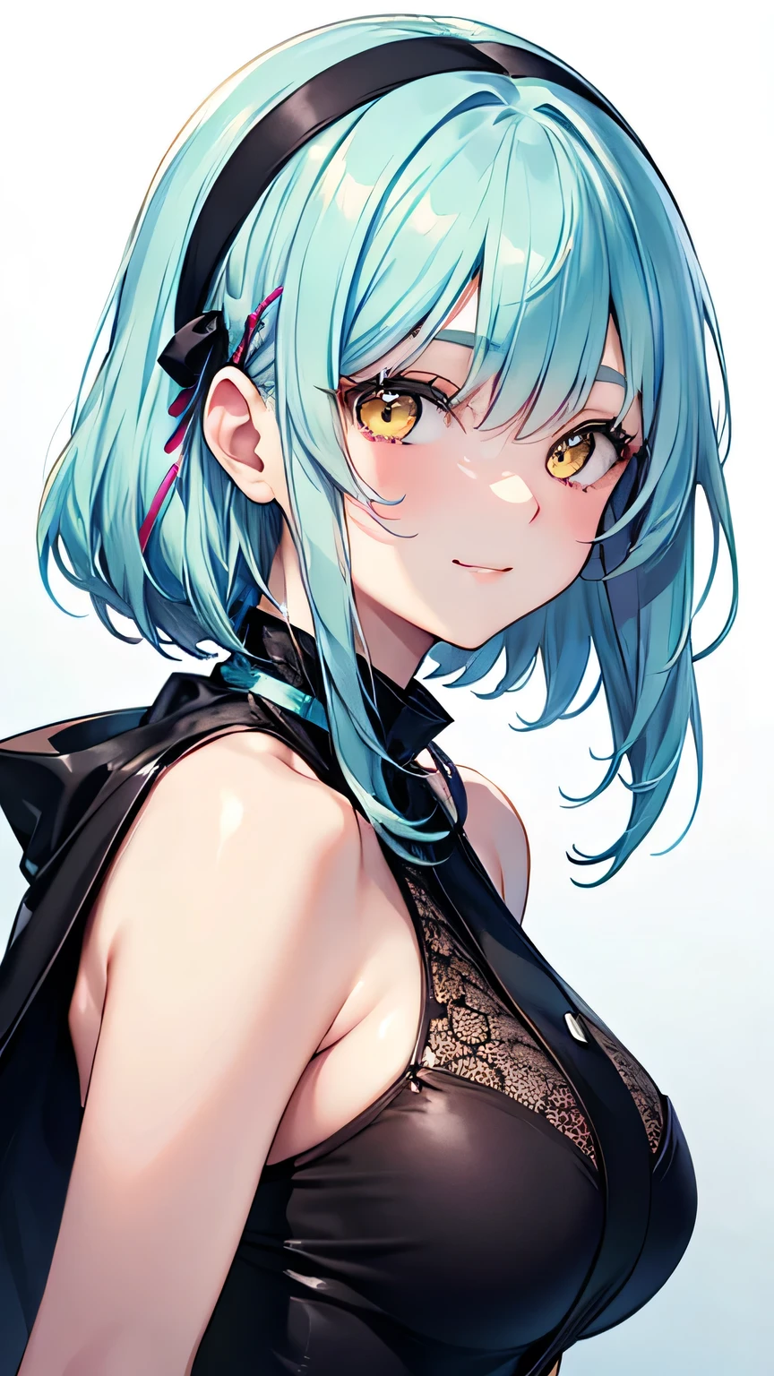 Realistic image, A consistent image, Detailed Images, 1 beautiful girl. She has short light blue hair that reaches her shoulders.、The bangs reach down to the eyebrows。. On top of the bangs, Yura is wearing a black headband and a hairpin on her left side.。. purplish yellow eyes, Long eyelashes. Her face is oval and delicate.. Smile seductively. I'm wearing a shirt that shows my chest, Jeans Shorts, Thigh-length stockings. She has a curvaceous figure, Medium bust and thick thighs. Surrounded by European shops, Petals falling. Natural light in front, Volumetric lighting