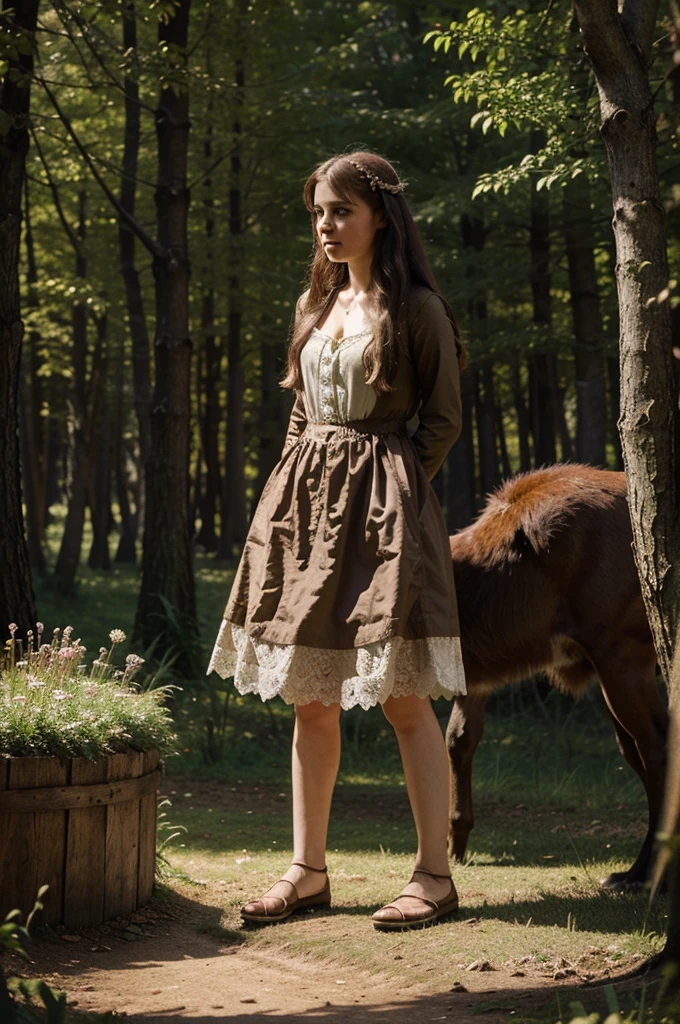 Illustration for a fairy tale about a girl, standing in a fairytale forest, who can talk to animals
