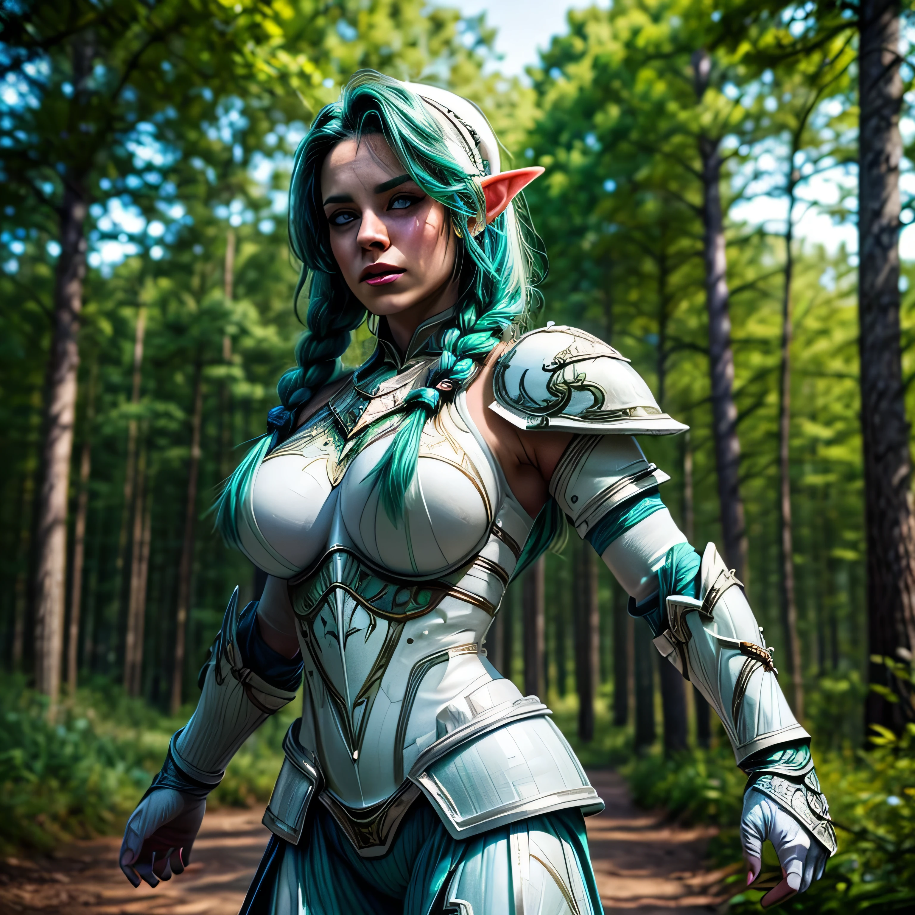 (masterpiece, photorealistic:1.4, extremely intricate:1.3), (photon mapping, radiosity, physically based rendering, ultra resolution, hyper-realistic, 8K), ((beautiful tyrande stand up twin braids, green eyes, ((((white armor)), [medium breasts:large breasts:0.3], [skin detail:freckles:0.9])), pauldrons, forest, upper torso)), background outdoor, flowers, glowing butterflies, bokeh, sunset, [aqua hair:blonde hair:0.8]