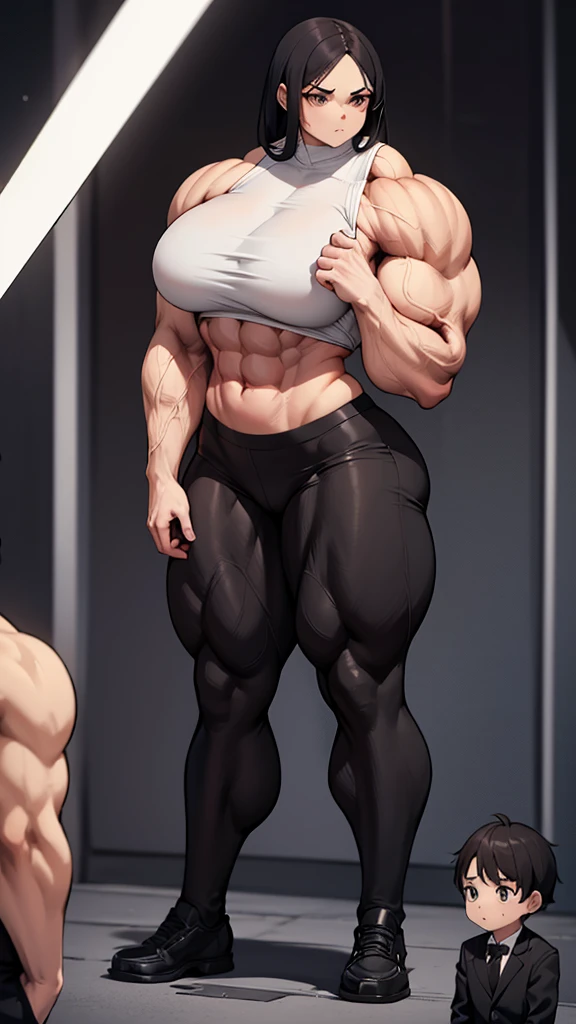 Woman in black bikini and small man in white shirt, weak and small man, thin and small physique, Very beauthful. , ,weak and defenseless man, small physique, , muscular ultraviolent woman, muscular and scary, absurdly huge physique, big muscles, extremely muscular woman,