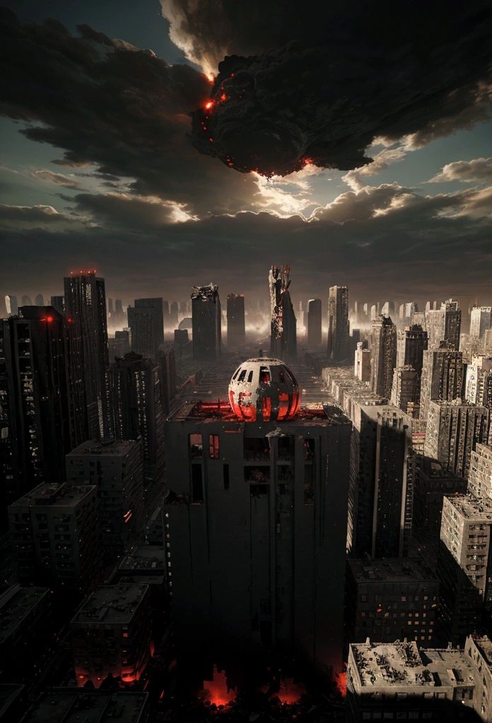 a destroyed city red and black with a giant shadow see form far