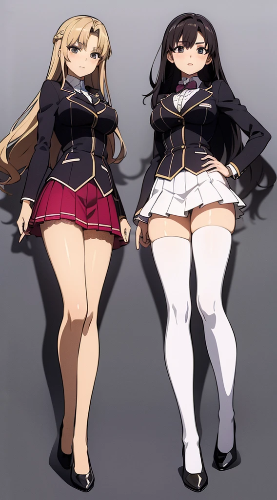 A masterfully detailed painting of two identical twin girls with curly brown hair, hazel eyes, and medium-sized busts, wearing sexy school uniforms consisting of a blazer, lace sections, ribbons, rainbow short skirts, white thigh-high socks, and black high heels, posing seductively with matching outfits and bright, flat colors, showcasing their full bodies in a duo pose.