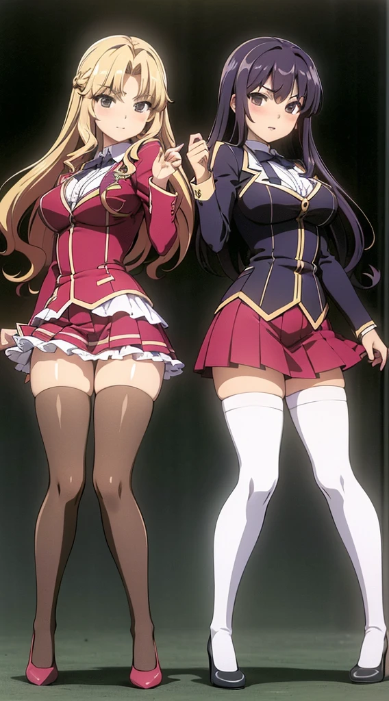 A masterfully detailed painting of two identical twin girls with curly brown hair, hazel eyes, and medium-sized busts, wearing sexy school uniforms consisting of a blazer, lace sections, ribbons, rainbow short skirts, white thigh-high socks, and black high heels, posing seductively with matching outfits and bright, flat colors, showcasing their full bodies in a duo pose.