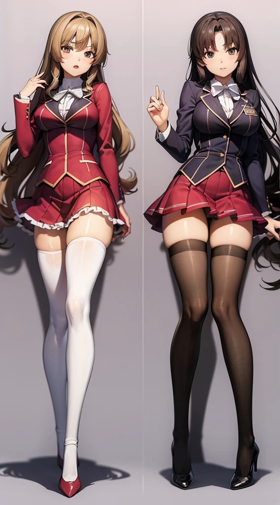 A masterfully detailed painting of two identical twin girls with curly brown hair, hazel eyes, and medium-sized busts, wearing sexy school uniforms consisting of a blazer, lace sections, ribbons, rainbow short skirts, white thigh-high socks, and black high heels, posing seductively with matching outfits and bright, flat colors, showcasing their full bodies in a duo pose.