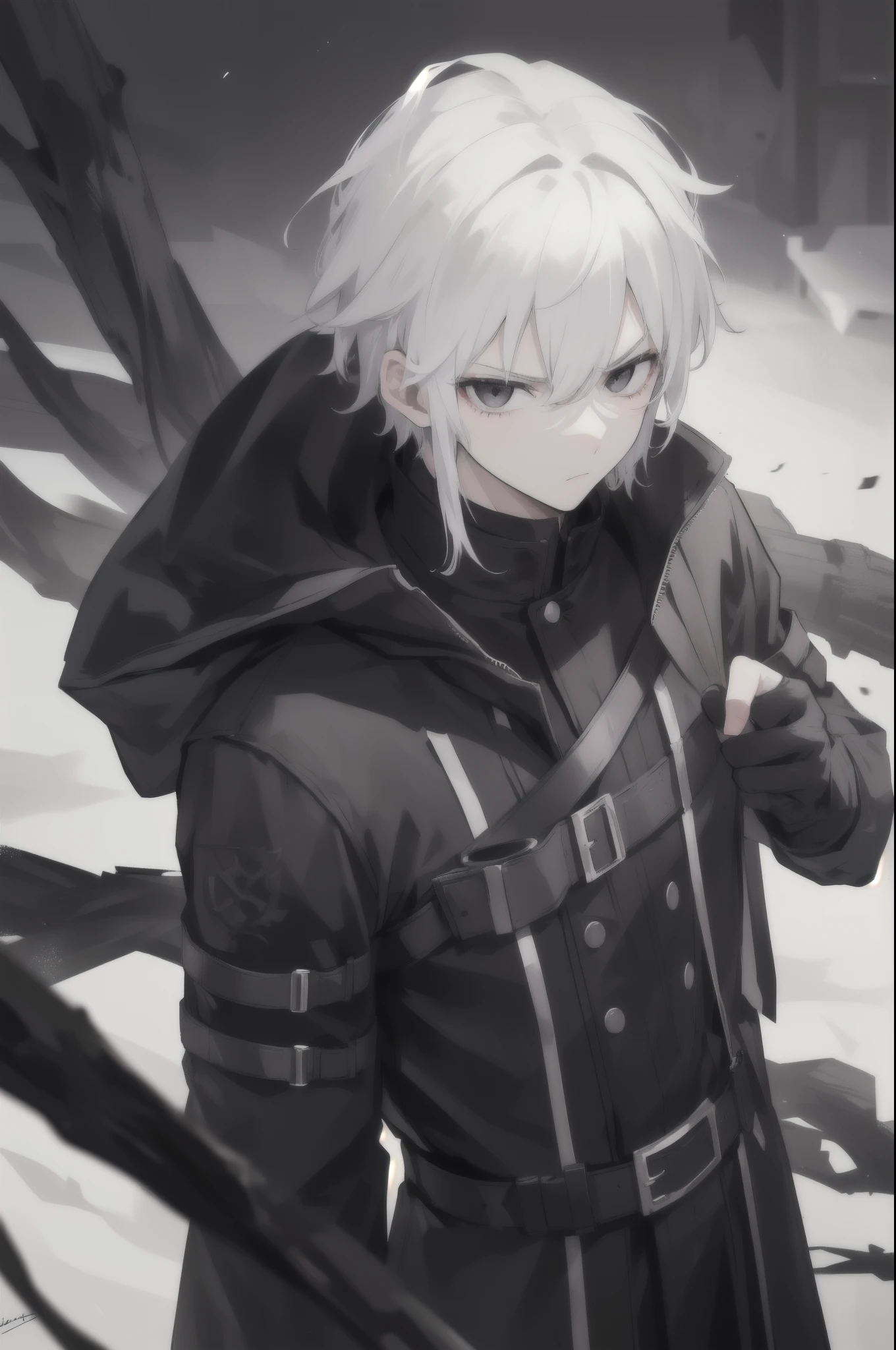 boy, white hair, black eyes, black hunter clothing, serious face
