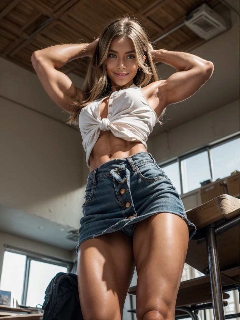 ((From straight below:1.5)), dainty, lithe, Cute, gorgeous, Caucasian girl, fit, (muscular:1.0), 18, , (flexing biceps:1.3), abs, slender, slim, long flowing brown hair, blue eyes, glamorous, stunning, flawless, perfect, beautiful, cute, pretty, coy smile, masterpiece, 32k, highly detailed, tight plaid skirt, tied up white button up top, seductive smile, abs, with her standing up slightly bent, high heel knee high boots, (toned and defined muscles), indoor, classroom detention, looking down at viewer, (arms up), (bodybuilder pose),