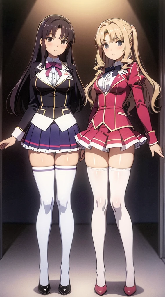 A masterfully detailed painting of two identical twin girls with curly brown hair, hazel eyes, and medium-sized busts, wearing sexy school uniforms consisting of a blazer, lace sections, ribbons, rainbow short skirts, white thigh-high socks, and black high heels, posing seductively with matching outfits and bright, flat colors, showcasing their full bodies in a duo pose.