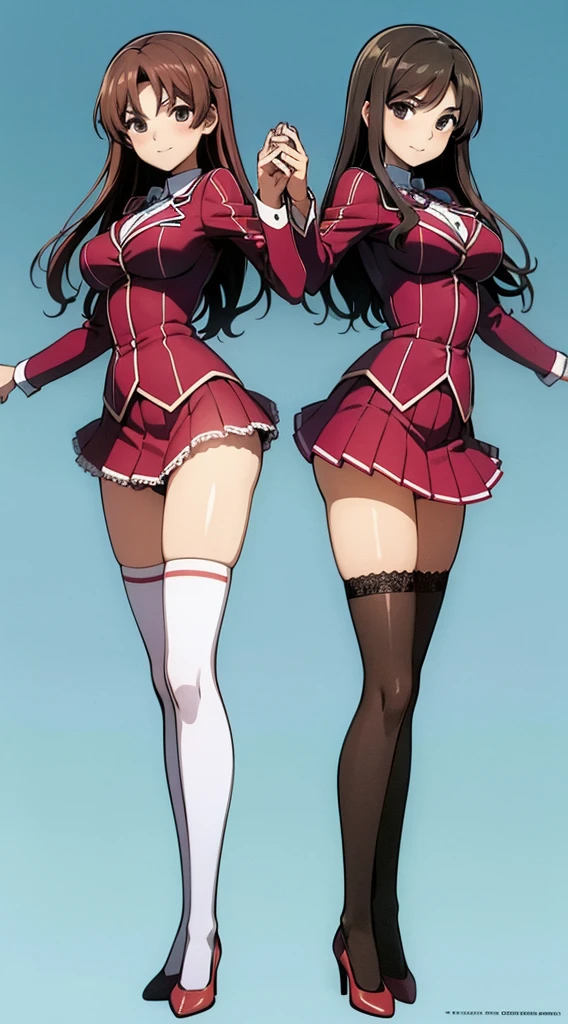 A masterfully detailed painting of two identical twin girls with curly brown hair, hazel eyes, and medium-sized busts, wearing sexy school uniforms consisting of a blazer, lace sections, ribbons, rainbow short skirts, white thigh-high socks, and black high heels, posing seductively with matching outfits and bright, flat colors, showcasing their full bodies in a duo pose.