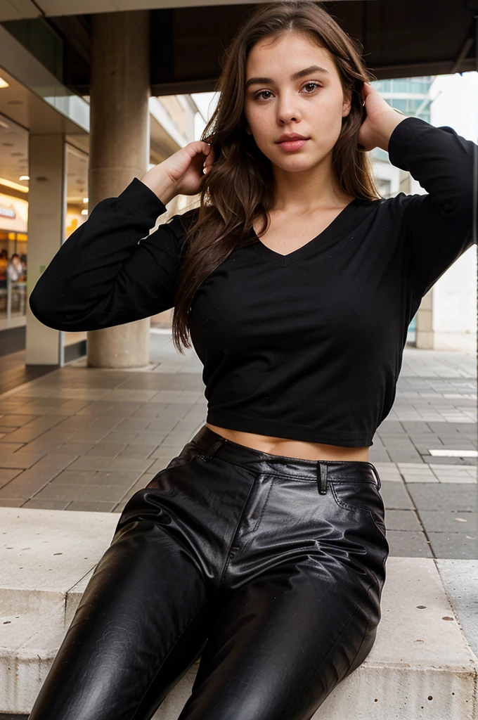 generate me a hyper-realistic image of an 18 year old girl of European and American descent with perfect, well lined eyes and brown eyes, with brown hair, beautiful delicate lips and a thin upturned nose, straight hair, a height of one meter and 60 centimeters, L bust details,and she is sitting outside a mall in the center of the city and is wearing a black leather pants attached with a black polo shirt with V-neck of simple design.