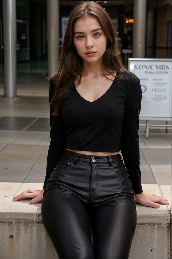 generate me a hyper-realistic image of an 18 year old girl of European and American descent with perfect, well lined eyes and brown eyes, with brown hair, beautiful delicate lips and a thin upturned nose, straight hair, a height of one meter and 60 centimeters, L bust details,and she is sitting outside a mall in the center of the city and is wearing a black leather pants attached with a black polo shirt with V-neck of simple design.