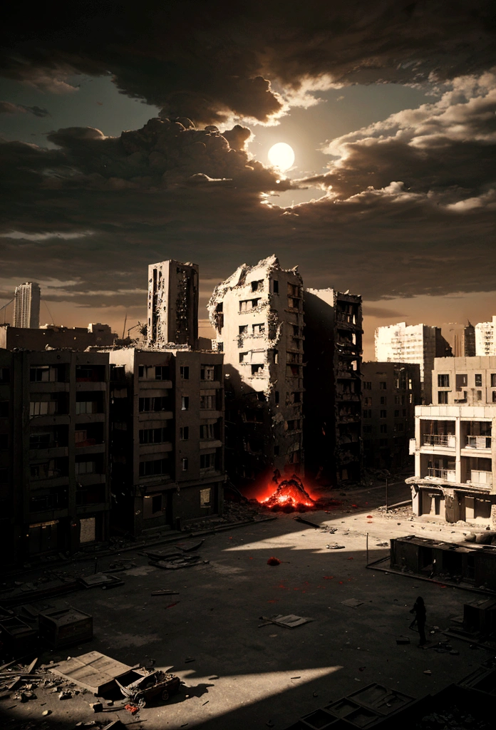a destroyed city red and black with a giant shadow see form far