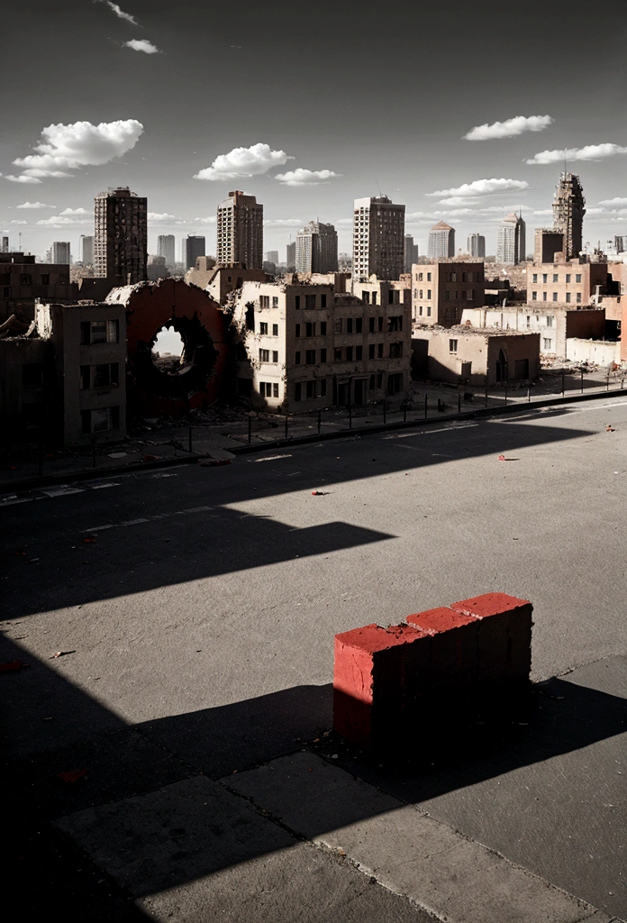  a destroyed city red and black with a giant shadow see form far 