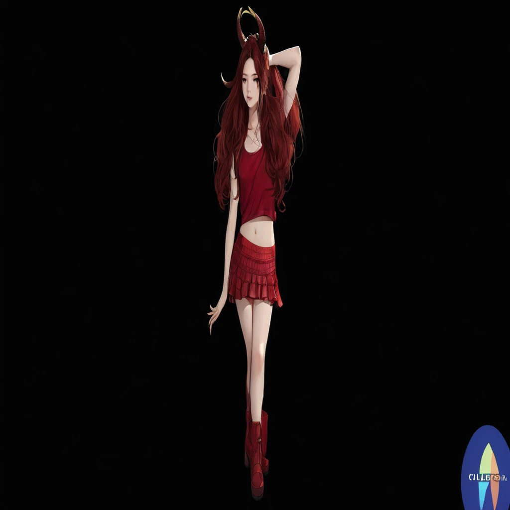 A beautiful girl in full body, wearing a red crop top, with a red skirt, with a red furry boot, with red dragon wings and long red wavy hair.