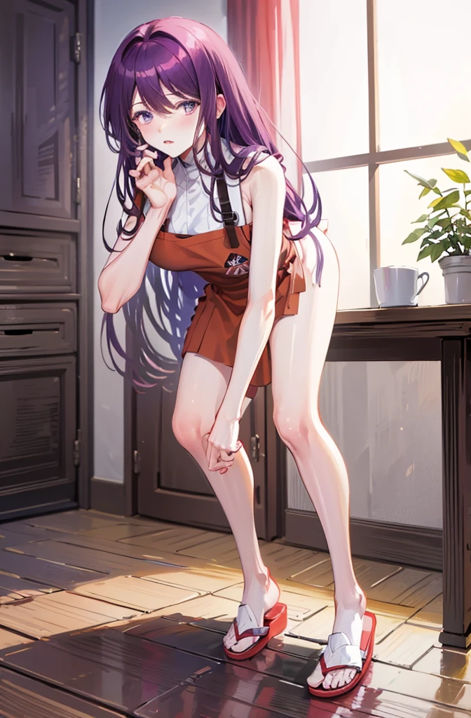 ランダムなポーズ、Full body, 8K, highest quality, masterpiece, ultra-definition, light purple hair, semi-long hair, light purple eyes, covering butt with hand, lipstick, full body, cooking, naked, wearing red apron, sitting in slippers , blushing, home kitchen, wearing an apron, crawling on all fours, leaning forward, angle from below, perfect hands, thin hands, night