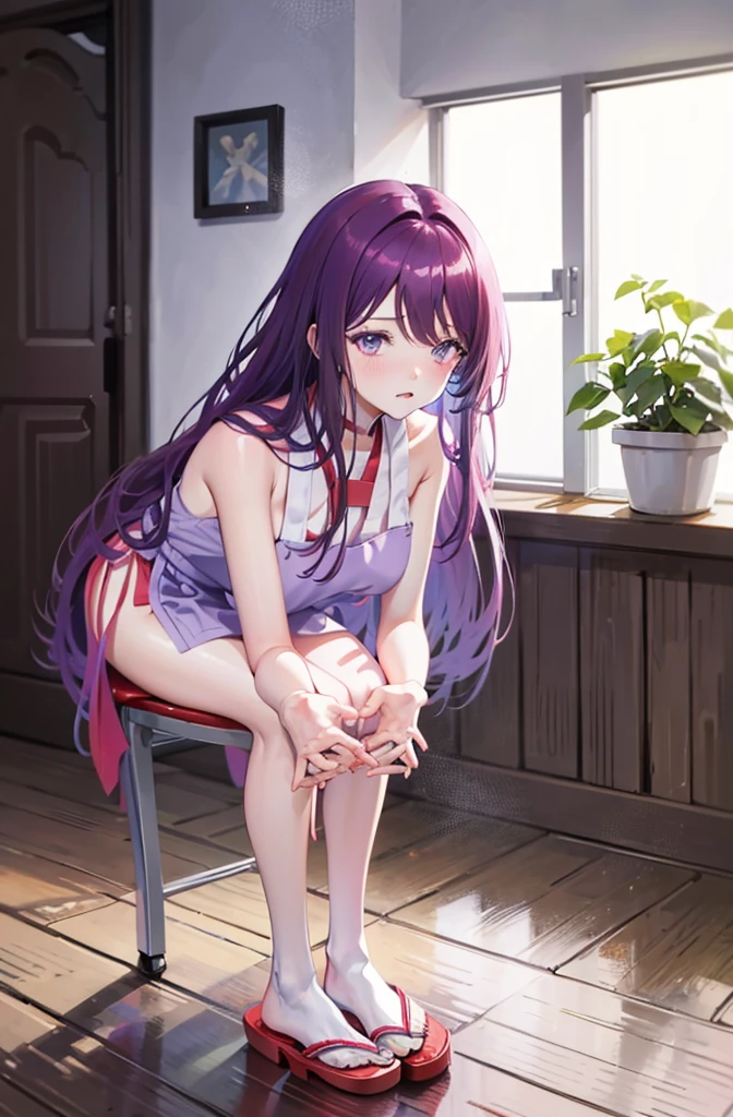 ランダムなポーズ、Full body, 8K, highest quality, masterpiece, ultra-definition, light purple hair, semi-long hair, light purple eyes, covering butt with hand, lipstick, full body, cooking, naked, wearing red apron, sitting in slippers , blushing, home kitchen, wearing an apron, crawling on all fours, leaning forward, angle from below, perfect hands, thin hands, night