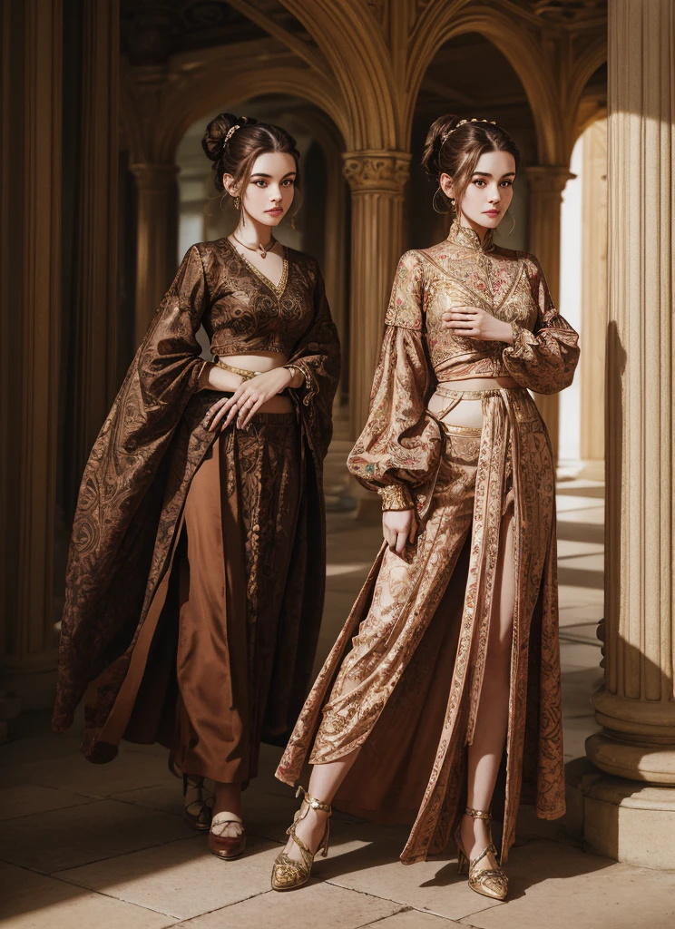 fulllength, 1 girl, perfect body, perfect face, fantasy noblewoman, brown hair tied in a bun, hazel eyes, wearing elegant clothing, standing in a palace, midriff, kind welcoming face