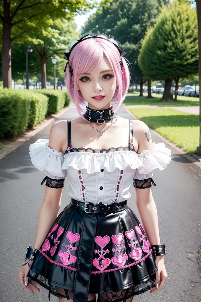 sexy stylish Swedish model, only 1 female, ((doll-like appearance)), short neon pink stylish hair, ((shiny Punk-Style boots)), (smiling face), ultra detailed eyes, Punk makeup, lipgloss, ((sexy Punk Lolita cosplay)), unconventional skirt, petticoats, high neckline, ((ultra detailed lace)), ((ultra detailed embroidery)), intricate details, tartan patterns, safety pins, Punk Lolita accessoires, Punk Lolita choker, ((large sparkling Punk Lolita jewelry)), cinematic light, detailed large park background with trees