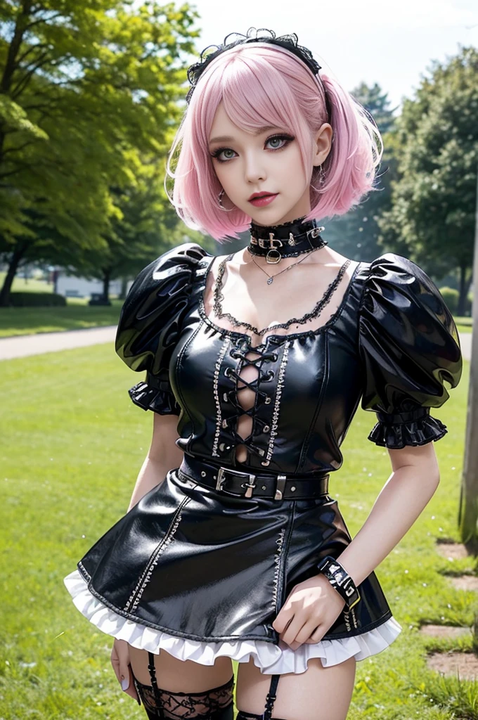 sexy stylish Swedish model, only 1 female, ((doll-like appearance)), short neon pink stylish hair, ((shiny Punk-Style boots)), (smiling face), ultra detailed eyes, Punk makeup, lipgloss, ((sexy Punk ta cosplay)), unconventional skirt, petticoats, high neckline, ((ultra detailed lace)), ((ultra detailed embroidery)), intricate details, tartan patterns, safety pins, Punk Loliccessoires, Punk Lolita cr, ((large sparkling Punk Lolita jewel, cinematic light, detailed large park background with trees