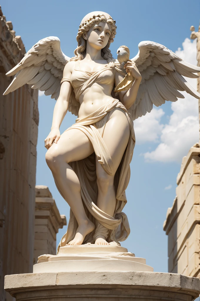 Create an image of a Greek statue of a woman angel holding a small bird