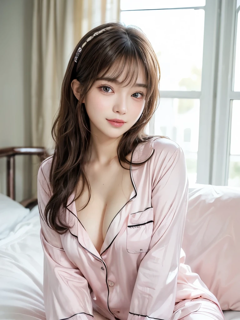 ((masterpiece: 1.3),8K, Realistic, RAW Photos, Highest quality: 1.4), (One Girl), beautiful顔, (Realistic Face), (Brown long hair: 1.3), head band、(((morning、Princess pink bedroom))),beautifulヘアスタイル, (bangs), (smile), smile, Realistic eyes, Gloss, highlight, highlight in the Eyes, eyelash, 目の中のbeautifulディテール, (Realistic Skin),、(((Pink pajamas、Cleavage)))、Shooting from the air、beautiful肌, Transparency、(beautiful)、 bust, smile, teeth, Confused, charm, 超High resolution, Ultra-realistic, High resolution, Golden Ratio, Clear eyes, Wet, Mole, Looking into the camera, ear, Shine, Long neck, double eyelid, Big eyes, cheek, kind character, charm personality, kind, Move, 圧倒的なcharm, bright personality