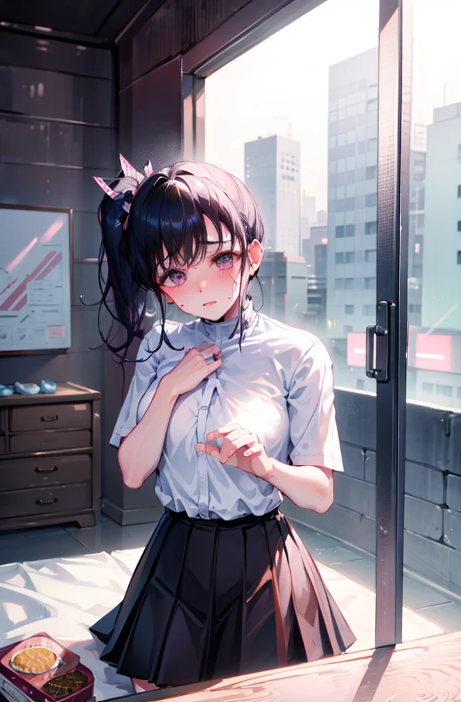 Random pose、Leaning forward、On all fours、Blushing、Sweaty、cowgirl position、、cowgirl position、Upper body naked、Wearing a skirt、Hide your with your hands、Blushing、Embarrassed expression、、Not wearing a bra、Black Hair、Side Ponytail、Pale purple eyes、、Blushing、lipstick、Perfect hands、Detailed hands、Train seats、hand bra