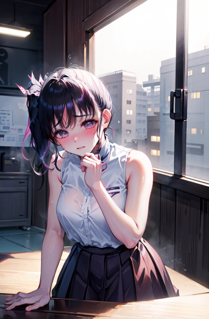 Random pose、Leaning forward、On all fours、Blushing、Sweaty、cowgirl position、、cowgirl position、Upper body naked、Wearing a skirt、Hide your with your hands、Blushing、Embarrassed expression、、Not wearing a bra、Black Hair、Side Ponytail、Pale purple eyes、、Blushing、lipstick、Perfect hands、Detailed hands、Train seats、hand bra