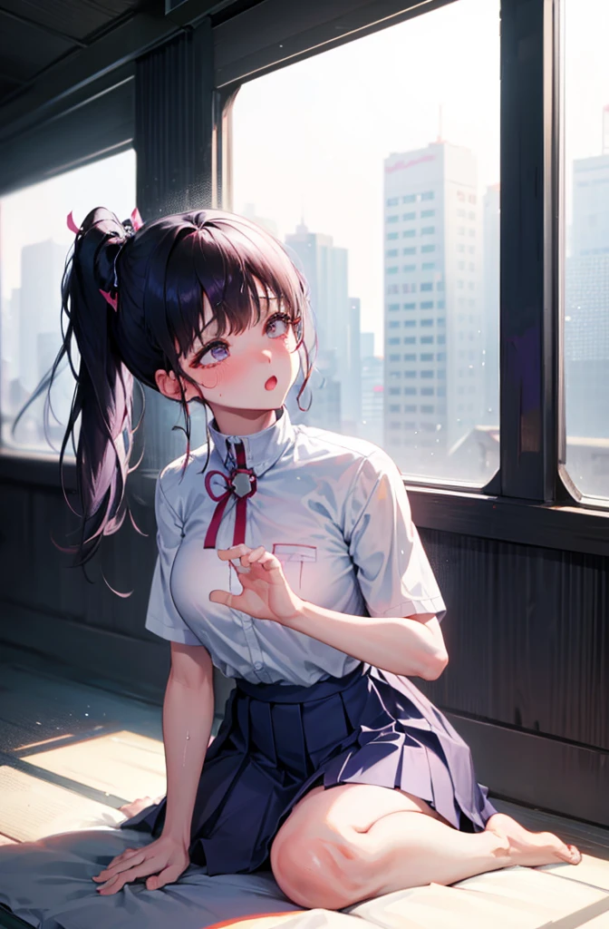 Random pose、Ahegao、NFSW、On all fours、、On all fours、Blushing、Sweaty、cowgirl position、、cowgirl position、Upper body naked、Wearing a skirt、Hide your with your hands、Blushing、Embarrassed expression、、Not wearing a bra、Black Hair、Side Ponytail、Pale purple eyes、、Blushing、lipstick、Perfect hands、Detailed hands、Train seats、hand bra