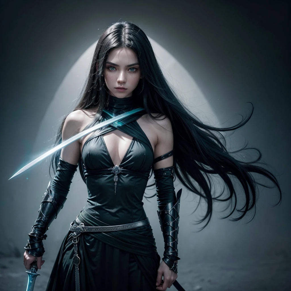 Warrior with green eyes ,blackquality hair, draped over the shoulders, black clothes with silver details, two swords crossed on the back and one held in the hands, with a blue aura surrounding your body.