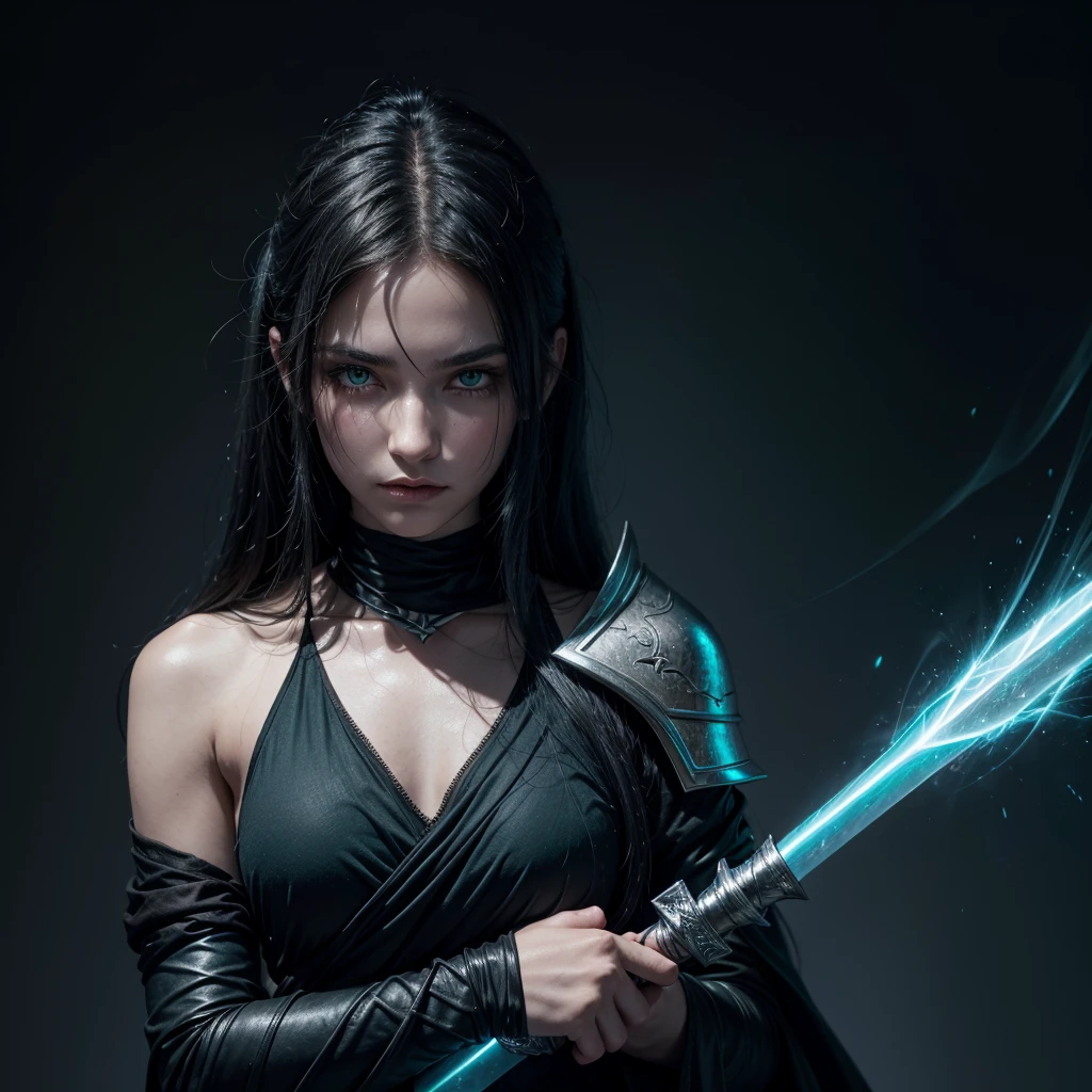 Warrior with green eyes ,blackquality hair, draped over the shoulders, black clothes with silver details, two swords crossed on the back and one held in the hands, with a blue aura surrounding your body.