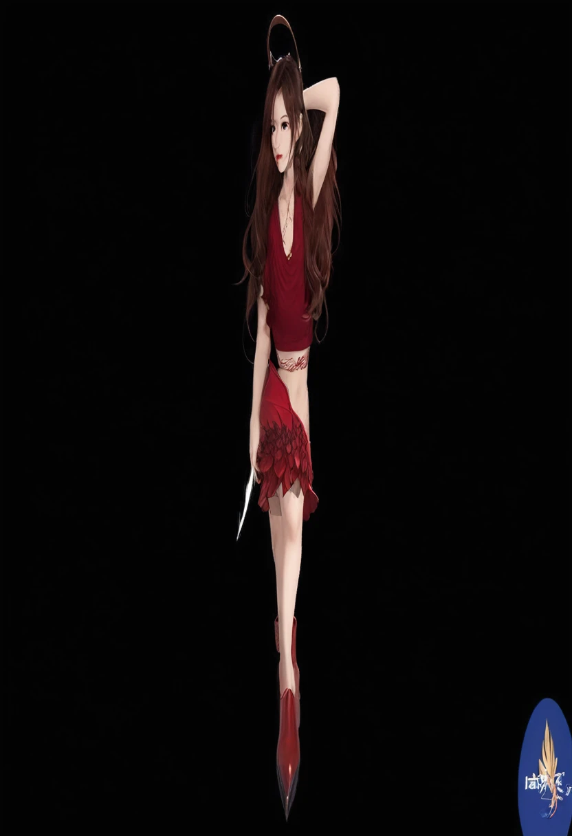 A beautiful girl in full body, wearing a red crop top, with a red skirt, with a red furry boot, with red dragon wings and long red wavy hair.