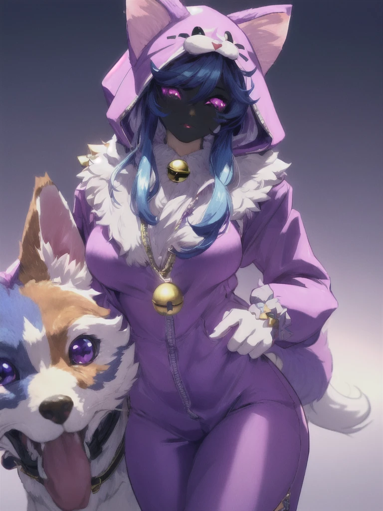 (((masterpiece))), 4k res, highly detailed, (((extremely detailed eyes))), detailed background, cinematic lighting, high quality, best quality, 4k, super detailed,focus sharp,RTX, 8K, beautiful face, wooflamp, pink eyes, blue hair, purple clothes ,hood, closed eyes, neon eyes, tail cat, necklace with bell, satyr legs,  femboy 